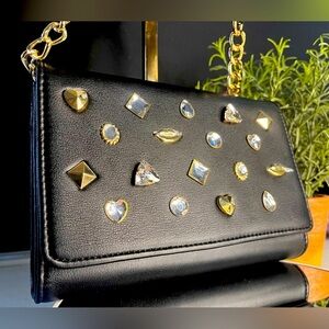 Betsey Johnson Black Studded Mini Crossbody Bag Gold Chain Strap NWT